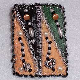 Peach, Black, Green Rectangle Beaded Art Quilt Pin, Pendant, Sue Andrus